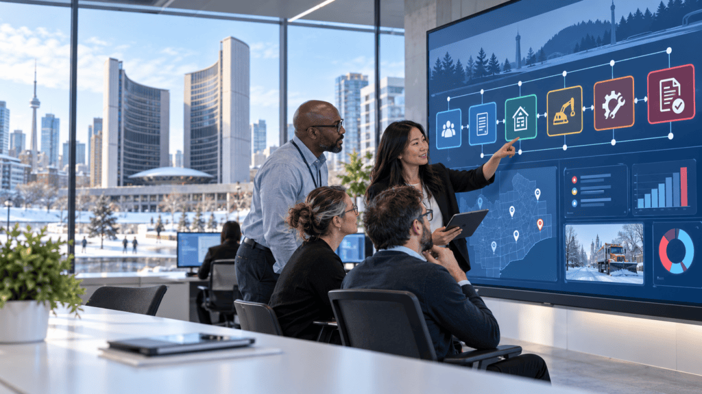 Canadian municipal staff using workflow automation software to coordinate citizen services, permits, public works, and asset maintenance