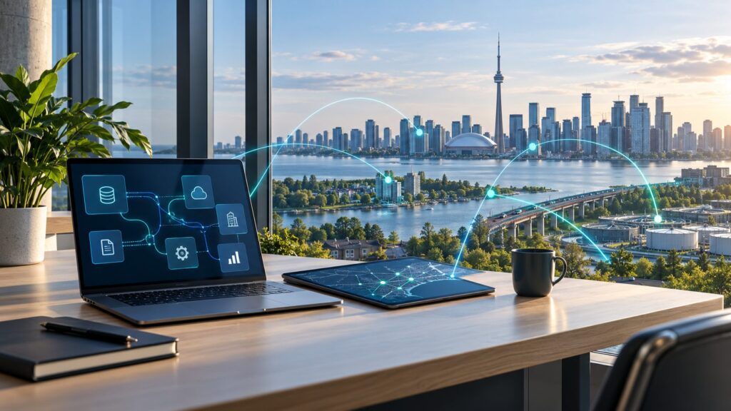 Connected digital systems overlooking a Canadian city, illustrating public-sector application integration