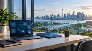 Connected digital systems overlooking a Canadian city, illustrating public-sector application integration