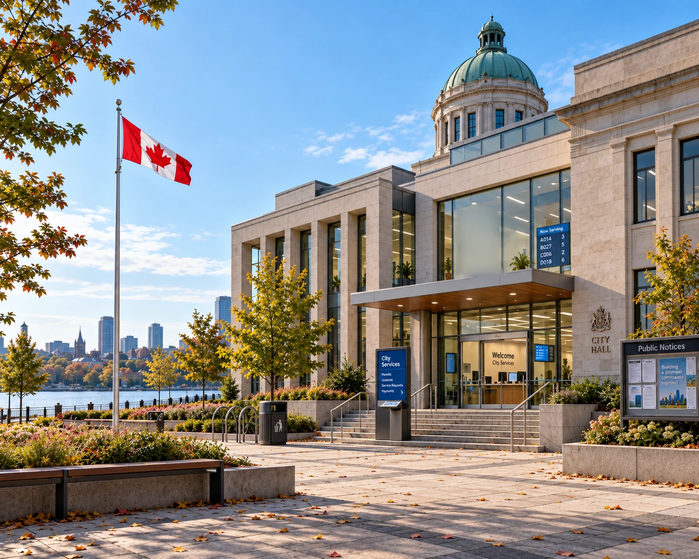 Municipal city hall entrance with a Canadian flag and public-service signage