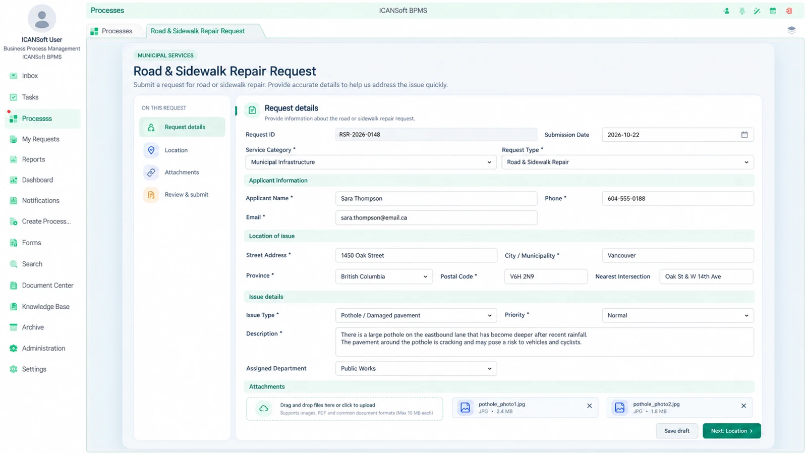 Road & Sidewalk Repair Request screenshot in the ICANSoft platform