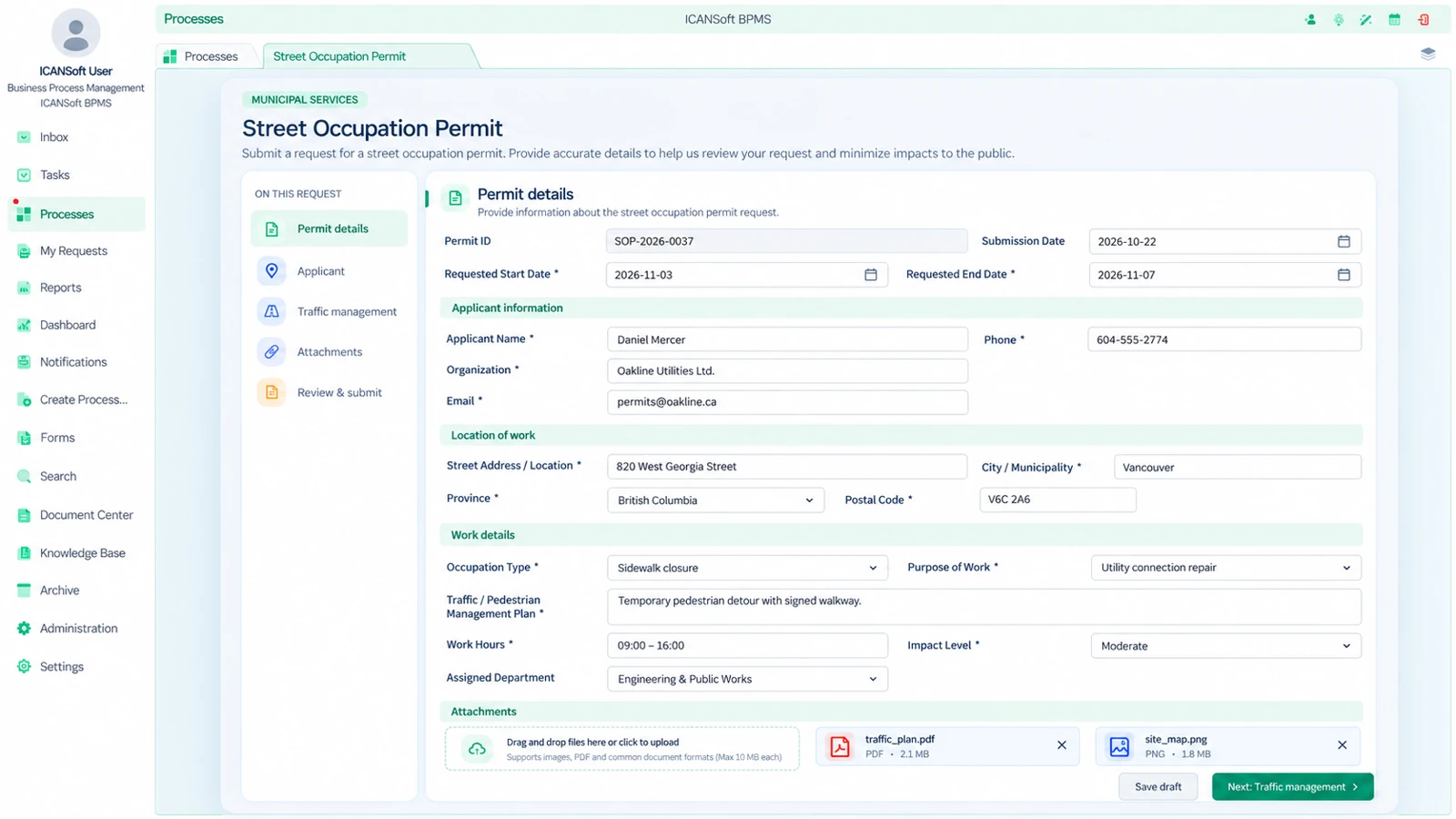 Street Occupation Permit screenshot in the ICANSoft platform
