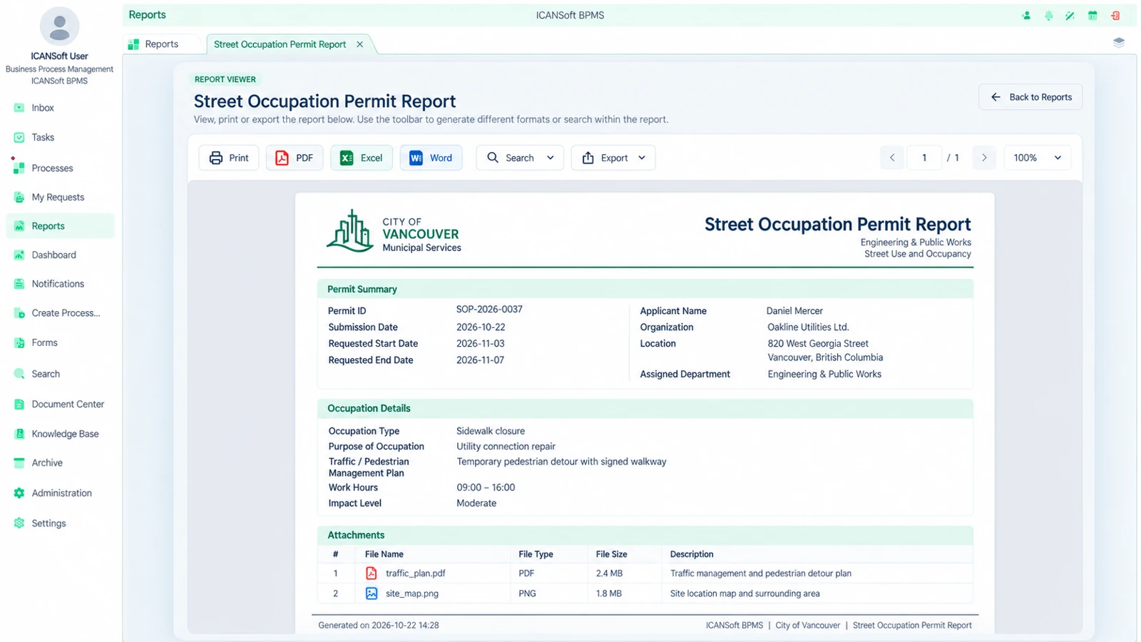 Street Occupation Permit Report Viewer screenshot in the ICANSoft platform